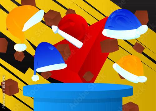 Mockup product display with Santa Claus Hat. Vector cylinder pedestal podium. Stage showcase for presentation. Minimal geometric forms.