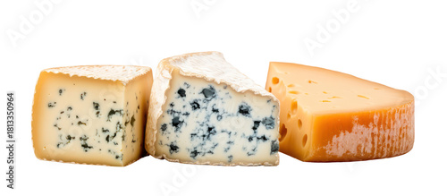 Three wedges of artisanal cheese isolated on transparent background