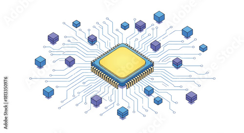 Central Processing Unit (CPU) Microchip with Integrated Circuitry and Data Blocks