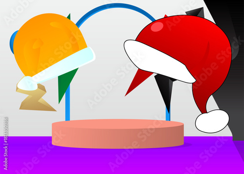 Mockup product display with Santa Claus Hat. Vector cylinder pedestal podium. Stage showcase for presentation. Minimal geometric forms.