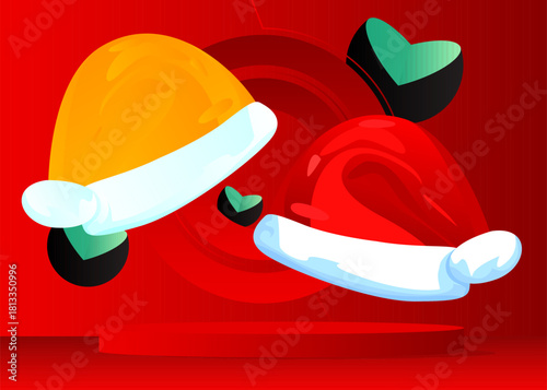 Mockup product display with Santa Claus Hat. Vector cylinder pedestal podium. Stage showcase for presentation. Minimal geometric forms.