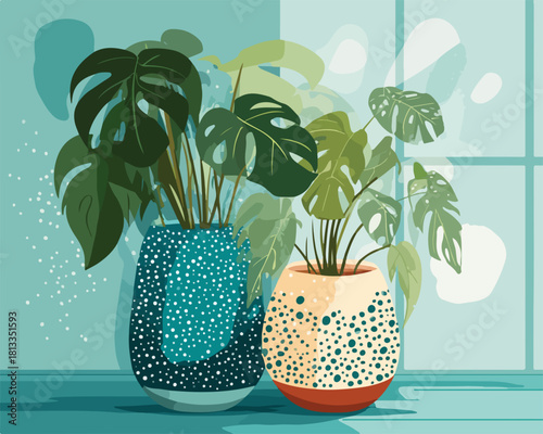 화려한 화분에 담긴 몬스테라 식물들이 창가에 놓여 밝고 편안한 실내 공간을 연출합니다.