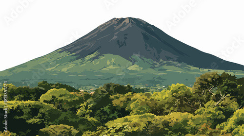 울창한 숲으로 둘러싸인 웅장한 화산의 벡터 일러스트레이션, 자연 경관의 아름다움