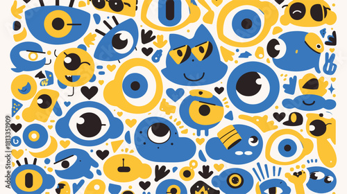 귀엽고 추상적인 파란색과 노란색 몬스터와 눈의 벡터 패턴, 흰색 배경