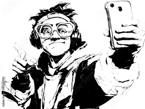 Excited promo character flat art: youth in purple sweater lifts phone screaming, white space for text, fit double11 banner, flash sale ad, coupon pop