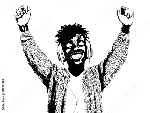 Flat vector music fan in purple sweater wearing headphones, lifting phone with joy, white backdrop vivid contrast, perfect for music app splash, podcast cover, player banner