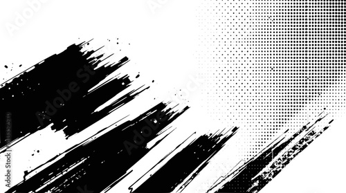 Dynamic black brush strokes and halftone pattern on