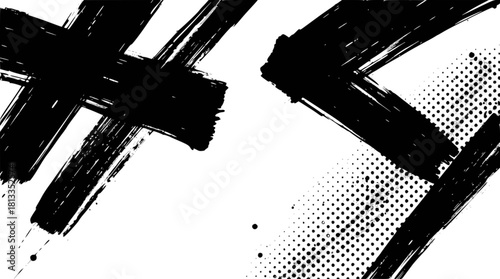 Abstract black brush strokes with cross shape and halftone dots on