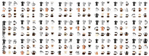 Large collection of vector illustrations depicting various popular coffee brewing equipment and devices, including Moka pots, French presses, and pour-over carafes.