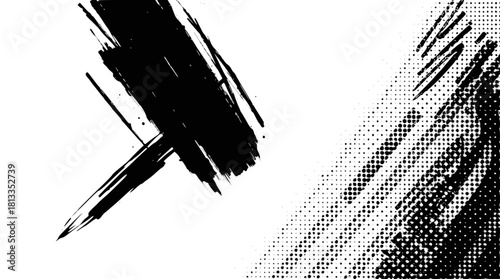 Bold abstract black brush stroke grunge texture with halftone dots isolated on
