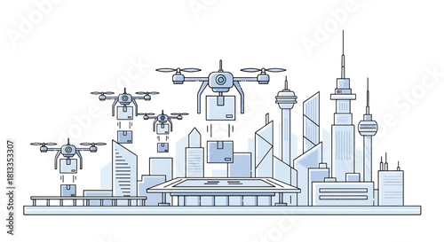 Drones Delivering Packages Over a Futuristic Cityscape with Modern Architecture and Skyline