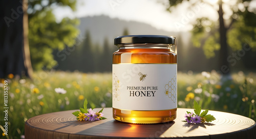 Fototapeta Naklejka Na Ścianę i Meble -  Jar of golden honey sits on a rustic wooden table in a sunny meadow