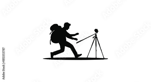 Silhouette of a photographer with a backpack adjusting a camera on a tripod, ready to capture a shot.