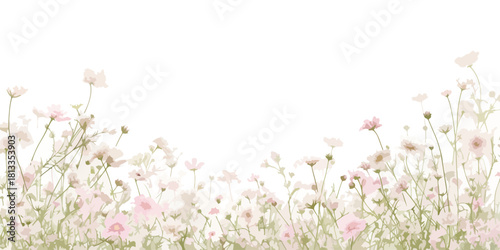 부드러운 파스텔 톤의 들꽃들이 하얀 배경에 가득한 모습, 섬세하고 아름다운 자연의 풍경