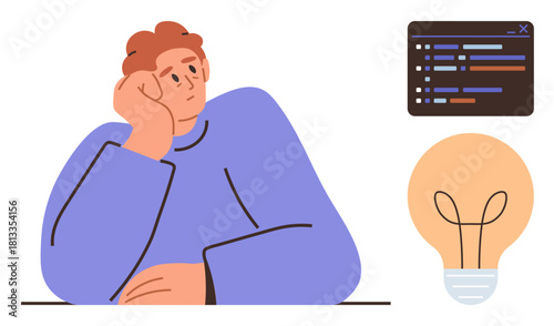 Thoughtful person resting head on hand, coding panel, lightbulb signifying innovative thinking, problem-solving, brainstorming. Ideal for programming, innovation, creativity, idea generation