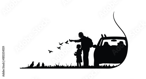 Father and child share a moment feeding birds outdoors near a car.