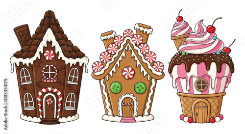 Three whimsical treats a gingerbread house peppermint home and ice cream