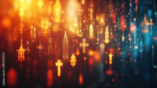 Religion concept 3D animated world map with rotating icons representing major world religions and spiritual symbols