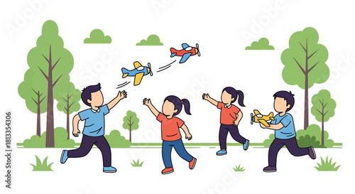 Children playing with paper airplanes in a park on a sunny day