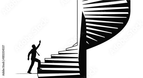 Silhouette of a determined man climbing a spiral staircase towards success and opportunity