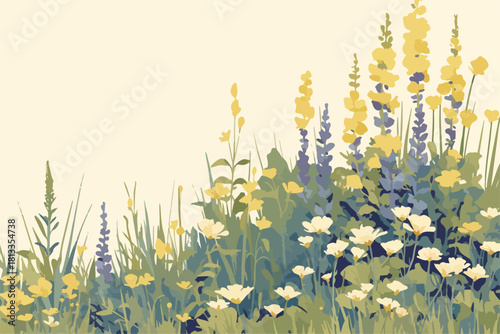 따뜻한 노란색과 보라색 꽃이 어우러진 아름다운 여름 들꽃 풍경 벡터 일러스트