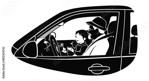 Grandfather and child share a joyful moment driving together in a car.
