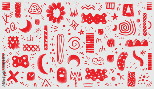 A vibrant collection of abstract hand-drawn shapes and decorative graphic elements in a bold red, textured style. Ideal for modern pattern design, backgrounds, packaging, branding, and contemporary cr