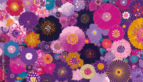 다채로운 색상의 꽃들이 가득한 추상적인 패턴 배경