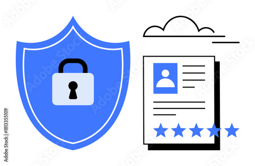 Shield with a padlock representing privacy and cybersecurity next to a cloud-connected document featuring identity and rating. Ideal for data security, privacy policies, networking, cloud storage