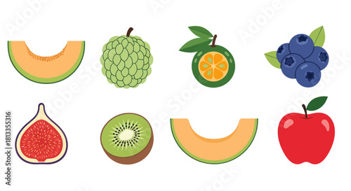 Assortment of fresh fruits colorful slices and whole produce