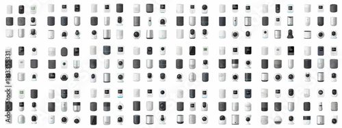 Large vector collage featuring a variety of smart home IoT devices like wireless speakers, security cameras, and digital displays for modern technology concepts.