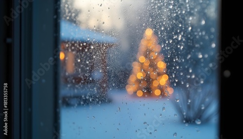 Winter scene through a frosted windowpane. The glass is adorned with subtle snowflakes. Inside, a warm, inviting light emanates from Christmas decorations, creating a cozy, blurred ambiance. 