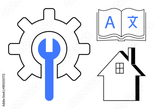 Blue wrench on gear, open book with language characters, house outline. Ideal for repair, translation, technology, home improvement, education tools linguistics. Simple flat metaphor