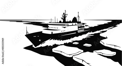 Powerful icebreaker ship navigates through frozen Arctic waters with dynamic motion