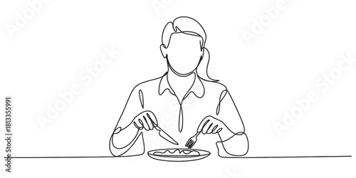 Continuous line drawing of a person enjoying a meal using a fork and knife at a table, minimalist one line art illustration design
