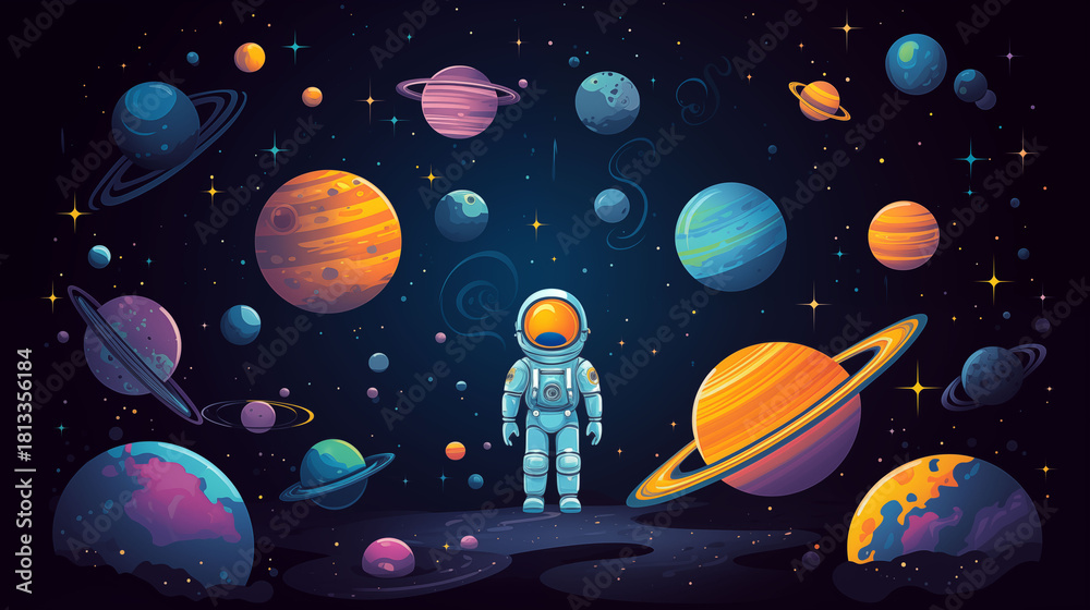 Naklejka premium Flat vector illustration of space exploration with astronaut floating, rocket ship, satellites and planets, dark starry background