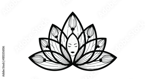 Serene face emerges from blooming lotus flower, representing inner peace and spiritual growth.