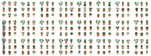 Minimalist vector seamless pattern of popular potted house plants, succulents, and cacti in terracotta pots on a white background.