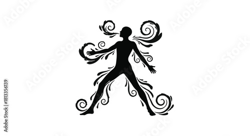 Silhouette of a person with swirling floral patterns emanating from their limbs and head, symbolizing creativity and energy.