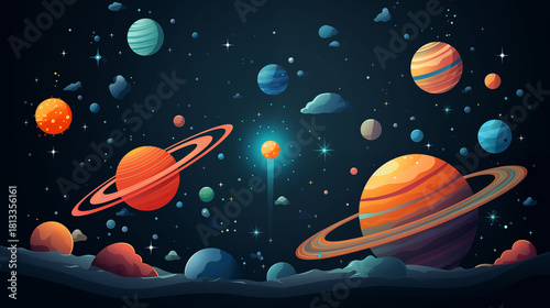 Fototapeta Naklejka Na Ścianę i Meble -  Flat vector illustration of space exploration with astronaut floating, rocket ship, satellites and planets, dark starry background