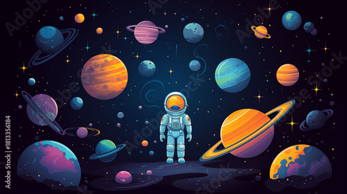 Fototapeta Naklejka Na Ścianę i Meble -  Flat vector illustration of space exploration with astronaut floating, rocket ship, satellites and planets, dark starry background