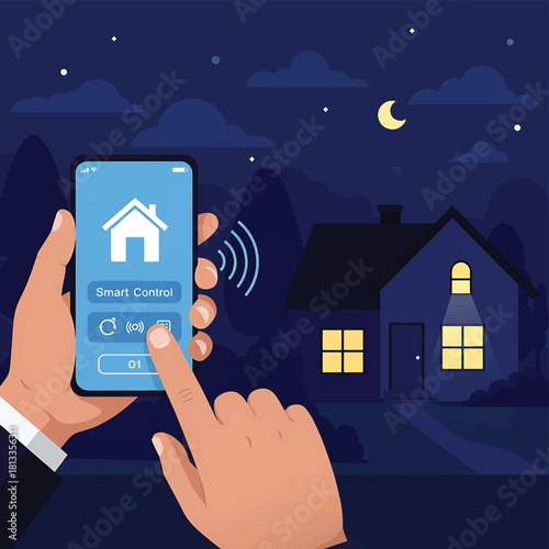 Smart home technology in use with a smartphone controlling lights and security of a residential house at night