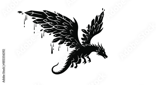 Mysterious black dragon with melting crystal wings in flight