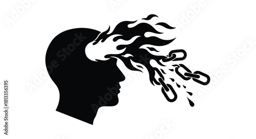 Symbolic silhouette of a head releasing chains and flames, representing breakthrough and mental freedom.