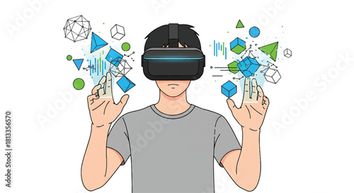 Man immersed in virtual reality with geometric shapes and data visualization floating around him