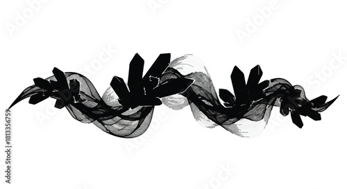 Dark, abstract, crystalline formations entwined with wisps of smoky fabric on a white background.