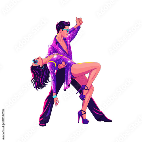 Retro Disco Dance Vintage Characters in a Stylish Embrace - A Vibrant Illustration