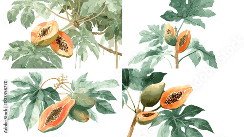 A soft watercolor illustration set of papaya trees with green leaves and ripe orange fruits, painted in a natural organic style. Ideal for tropical themes, botanical artwork, farm design, and food 