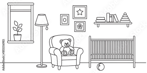 Detailed black and white line art illustration of a cozy baby nursery interior, featuring essential furniture, toys and room decor