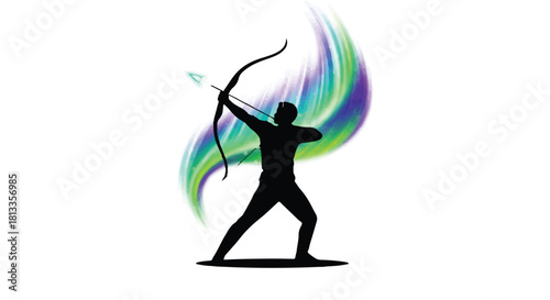 Silhouette of an archer drawing a bow with colorful energy flowing behind